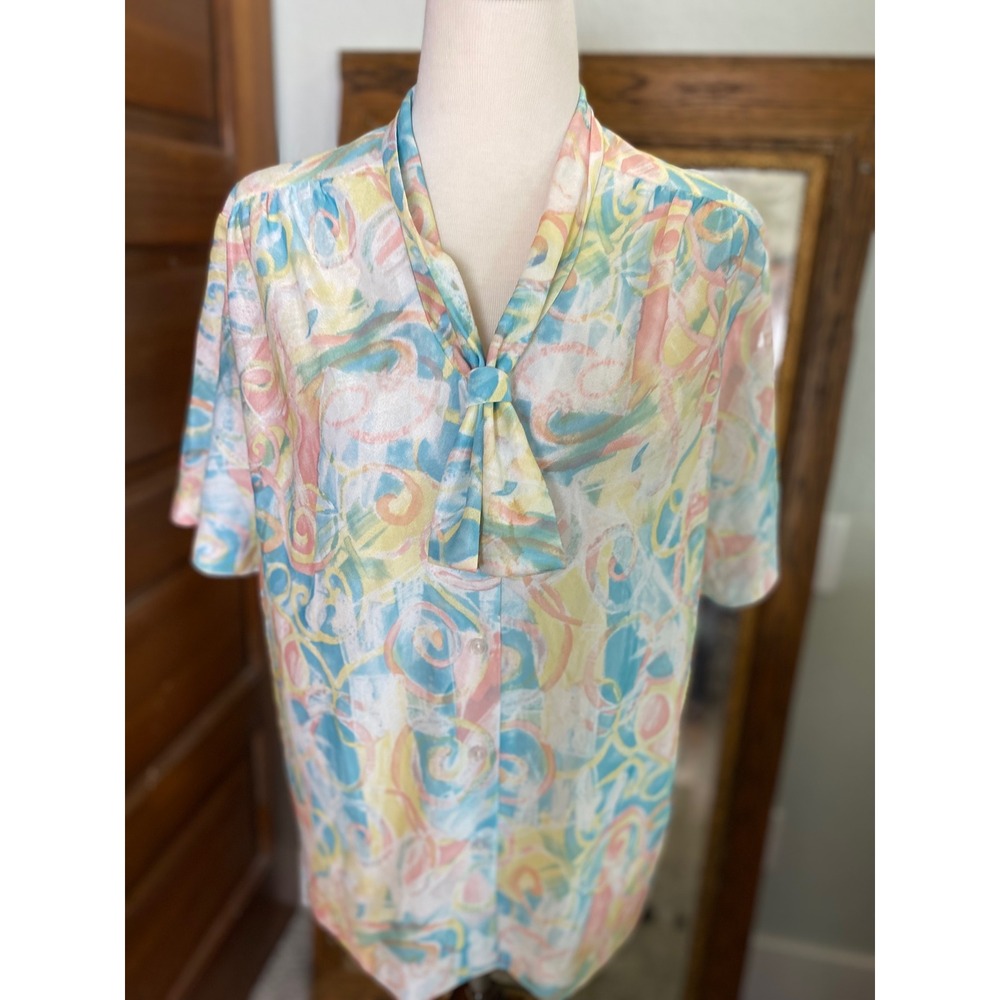 Vintage 70s Graff Californiawear Pastel Abstract Swirl Tie Neck Blouse Size 16